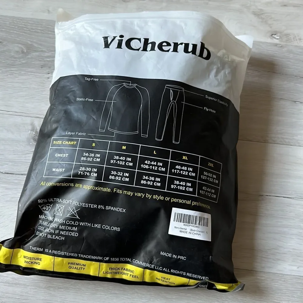 ViCherub Men Thermal Underwear Fleece Lined Thermals Top & Bottom 2Pk New W/ Tag